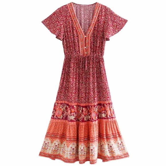 boho floral print v neck button ruffle miDI dress - Picture 12 of 14